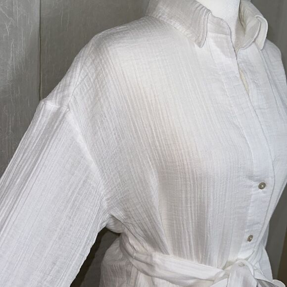 A & F S Oversized White Gauze Lightweight Cotton Button Down Belted Shirt Tunic - Picture 5 of 12